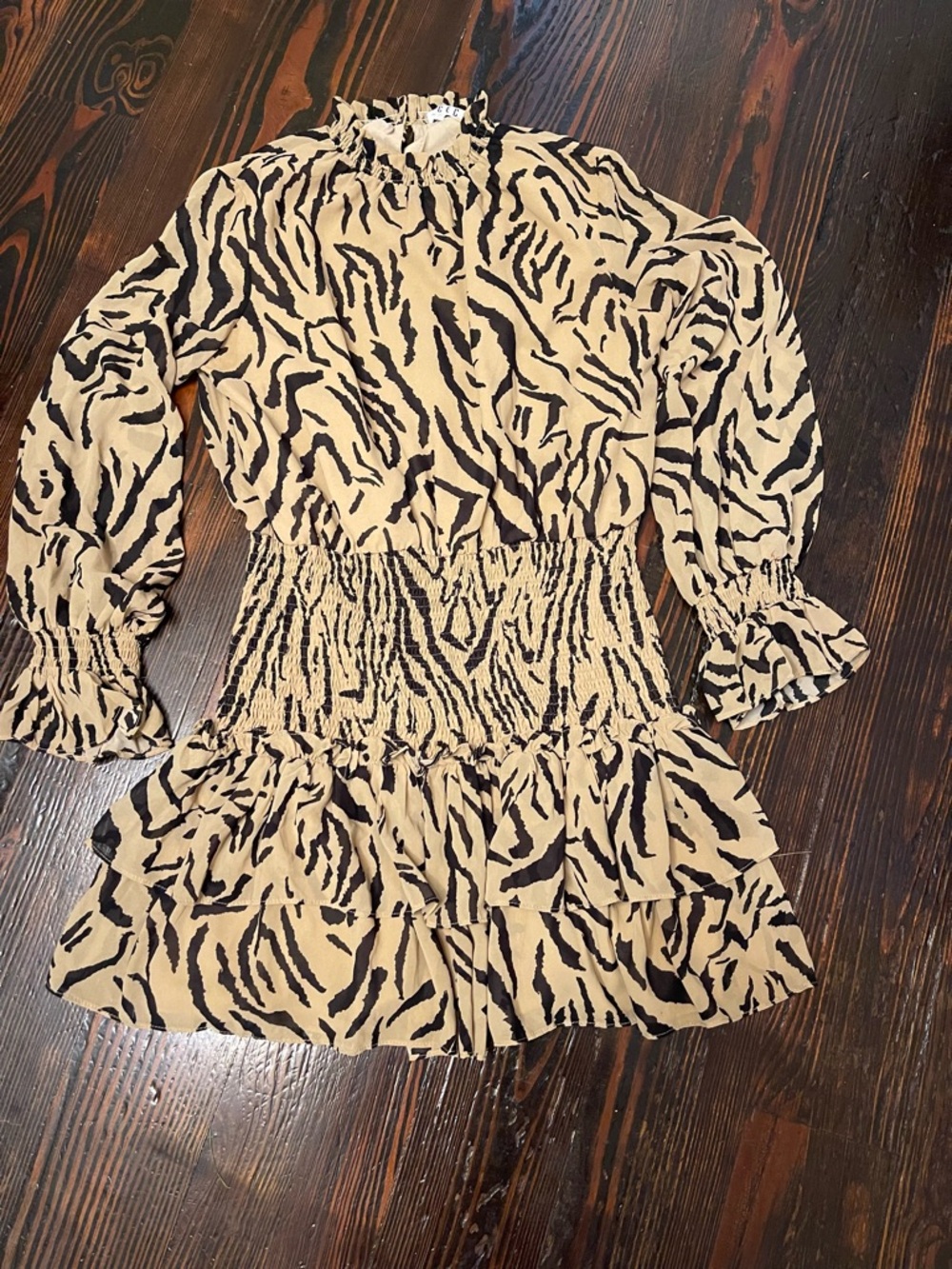 TCEC Beige and Black Animal Print Smocked Waist Dress